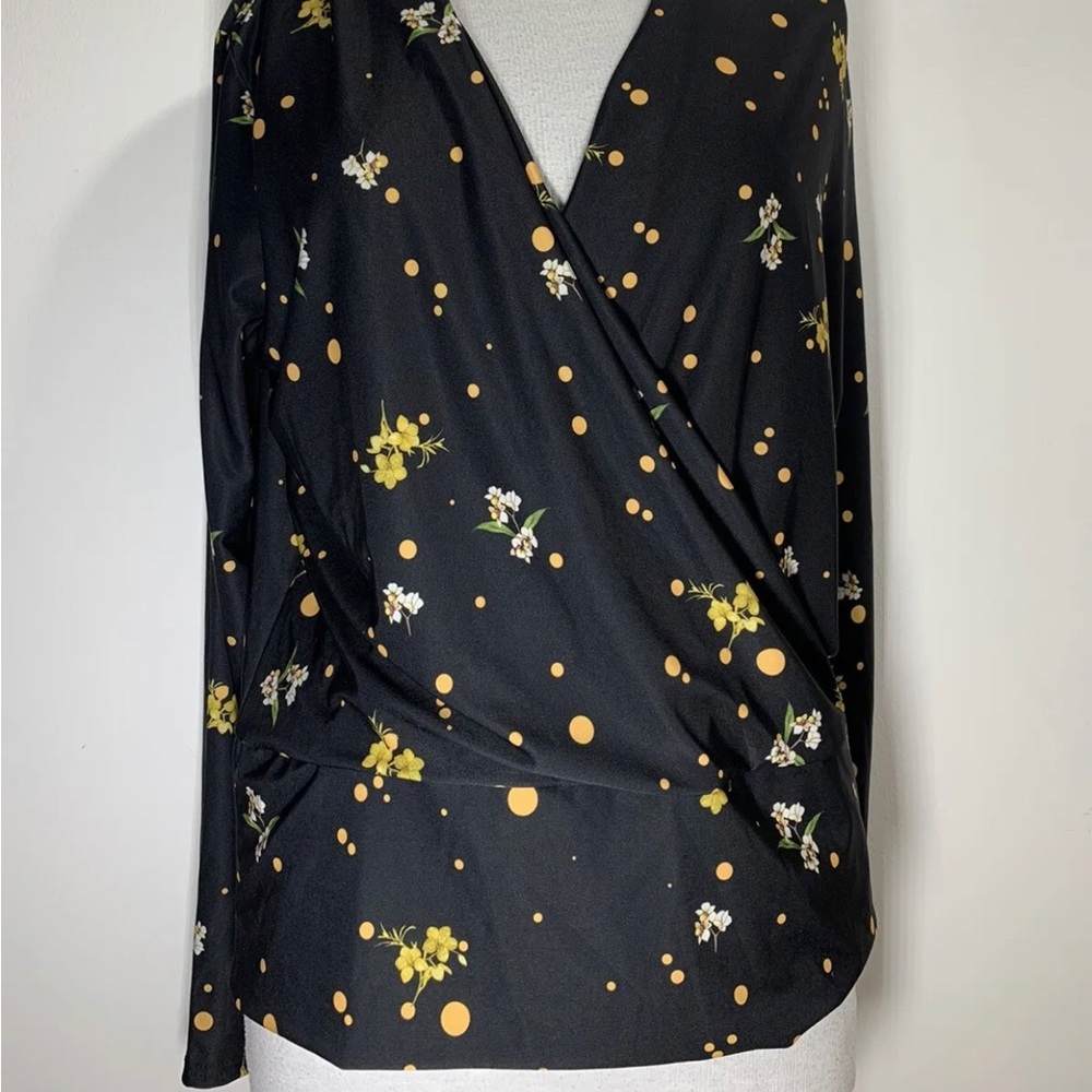 Dorothy Perkins Floral Blouse Top Long Sleeves Black Wrap Front Stretch UK 12 - Picture 11 of 15